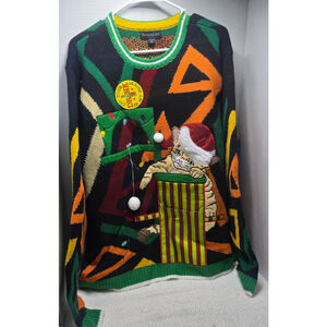 Men's Blizzard Bay Crewneck Sweater XL Black Green Ugly Christmas Cat